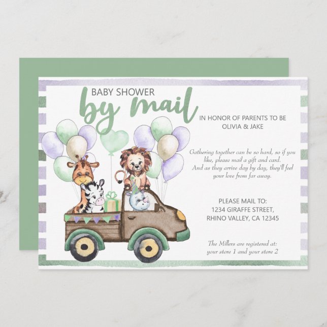 Invitación Baby Shower por correo Safari Truck y animales cur (Anverso / Reverso)