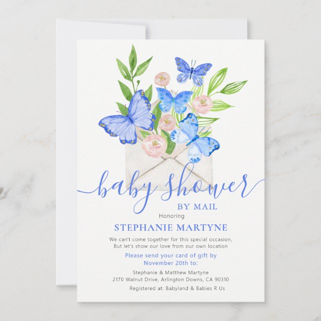 Invitación Baby Shower Por Correo Sobre Mariposa Azul (Anverso)