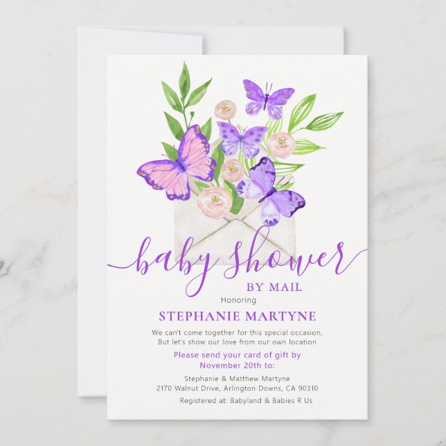Invitación Baby Shower Por Correo Sobre Mariposa Púrpura (Anverso)