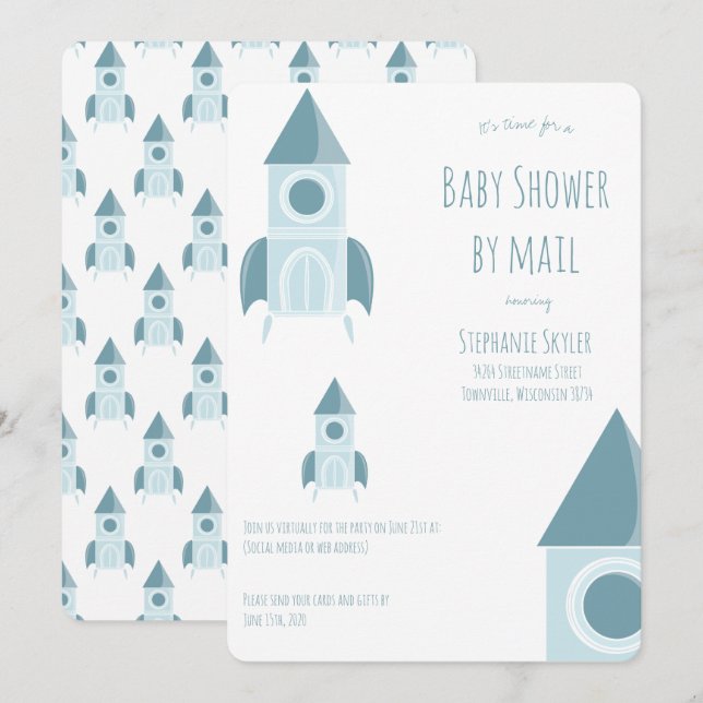 Invitación Baby Shower Por Correo White Rocket Ship (Anverso / Reverso)