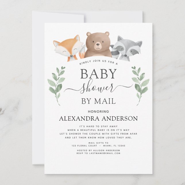 Invitación Baby Shower Por Correo Woodland Eucalyptus Greener (Anverso)