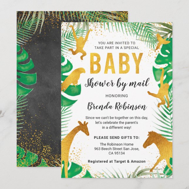 Invitación Baby Shower Por Mail Boy Gold Jungle Animales Safa (Anverso / Reverso)