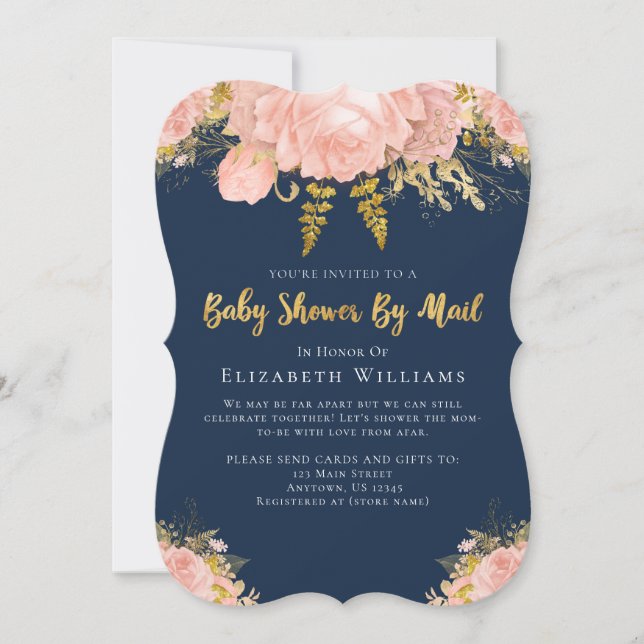 Invitación Baby Shower Por Mail Pink Navy Blue Floral (Anverso)
