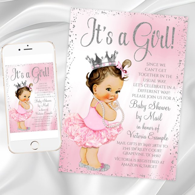 Invitación Baby Shower por Mail Pink Princess Tutu Baby Showe (Pink Silver Princess Baby Shower Invitation. Instant download printed available. Text can be changed)