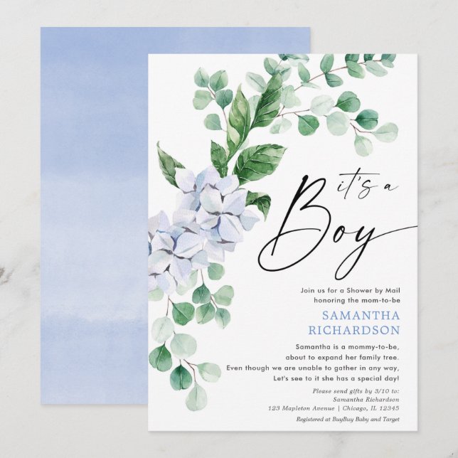 Invitación Baby Shower por Mail primavera floral verde azul (Anverso / Reverso)