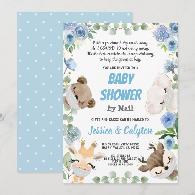 Invitación Baby Shower Por Mail Woodland Animal Blue Rosa (Anverso / Reverso)