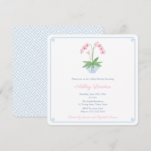 Invitación Baby Shower Preppy Blue Pink Orchid Ginger Jar (Anverso / Reverso)