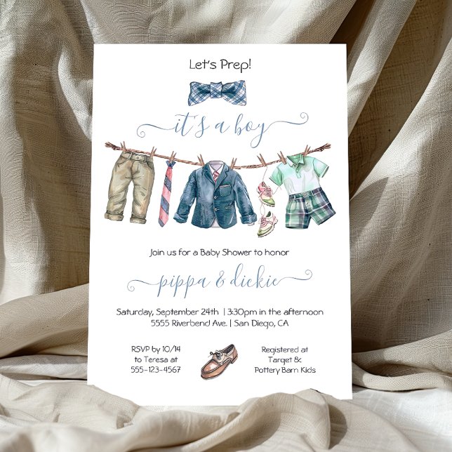 Invitación Baby Shower Preppy Boy clothesline (Subido por el creador)