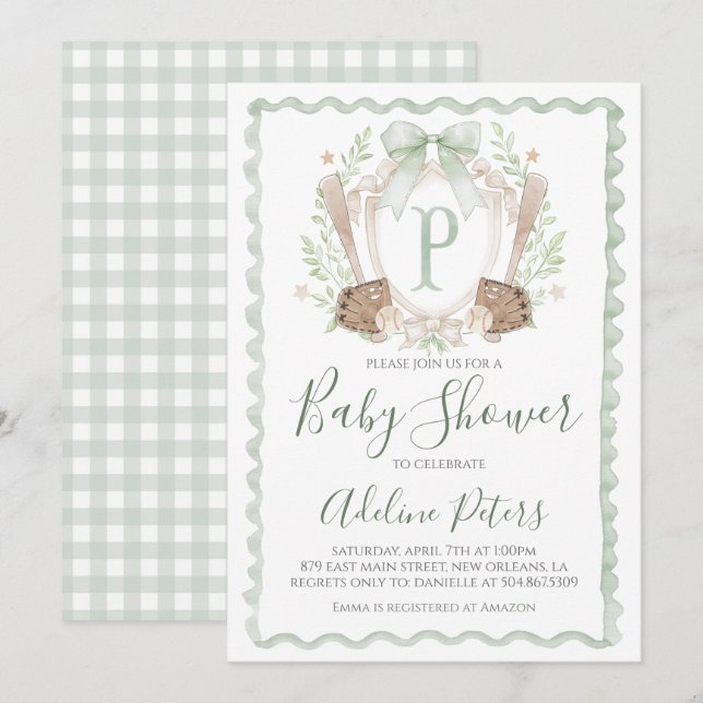 Invitación Baby Shower Preppy Boy Gingham Sage Green (Anverso / Reverso)