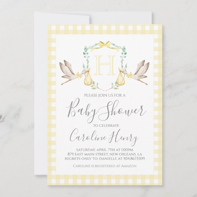 Invitación Baby Shower Preppy Gingham Stork Neutral Yellow (Anverso)