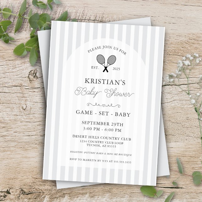 Invitación Baby Shower Preppy Light Gray Tennis Country Club (Light grey preppy chic elegant baby shower don't wrap gifts display shower card enclosure inserts)