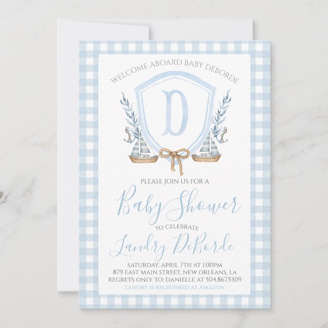 Invitación Baby Shower Preppy Nautical Blue Sailboat Boy (Anverso)