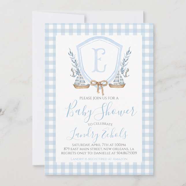 Invitación Baby Shower Preppy Nautical Blue Sailboat Boy (Subido por el creador)