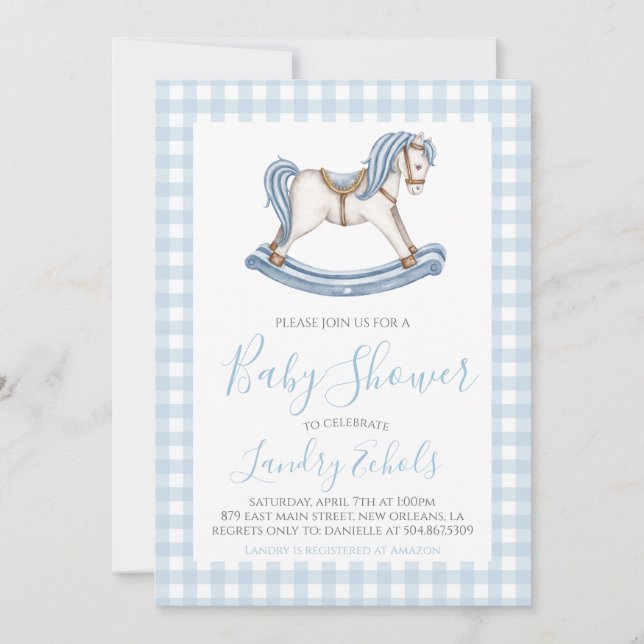 Invitación Baby Shower Preppy Rocke Horse Blue Boy (Anverso)