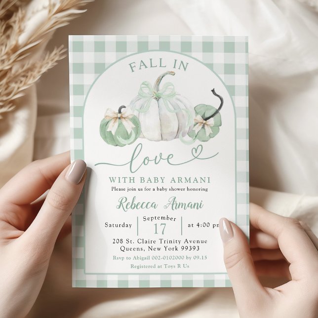 Invitación Baby Shower preppy Sage Green Calabaza se enamora (Subido por el creador)