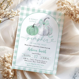 Invitación Baby Shower Preppy Sage Green Gingham Pumpkin