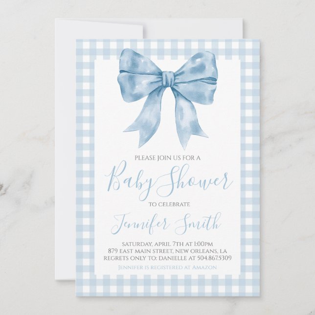 Invitación Baby Shower Preppy Southern Blue Bow Boy (Anverso)