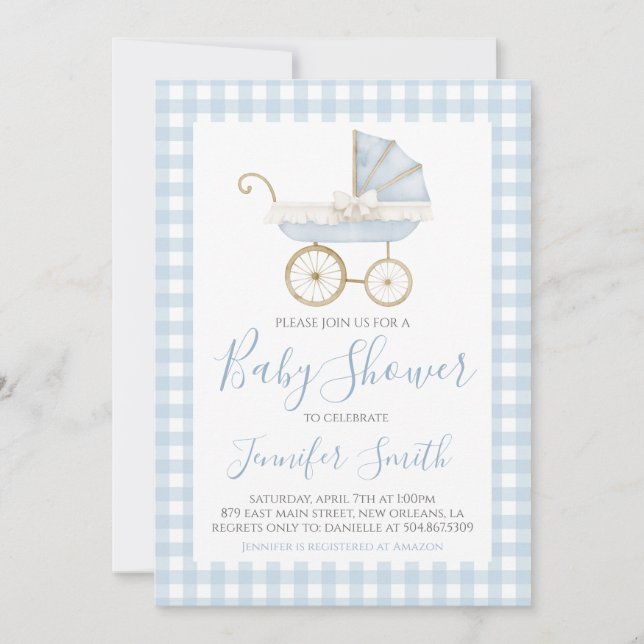 Invitación Baby Shower Preppy Southern Blue Boy Carrito (Anverso)