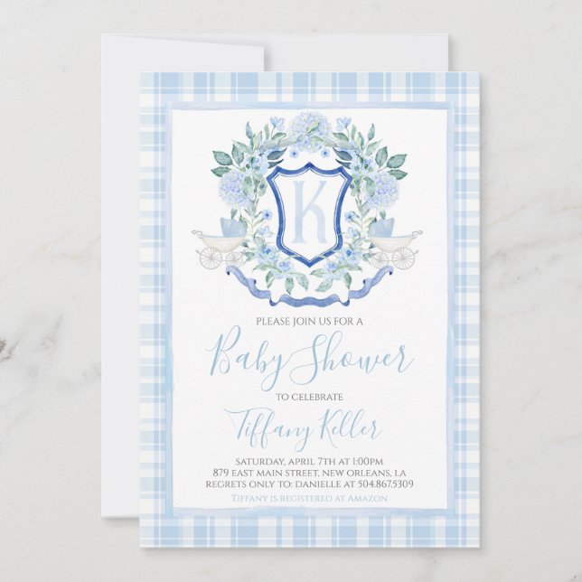 Invitación Baby Shower Preppy Southern Blue Boy Carrito (Anverso)