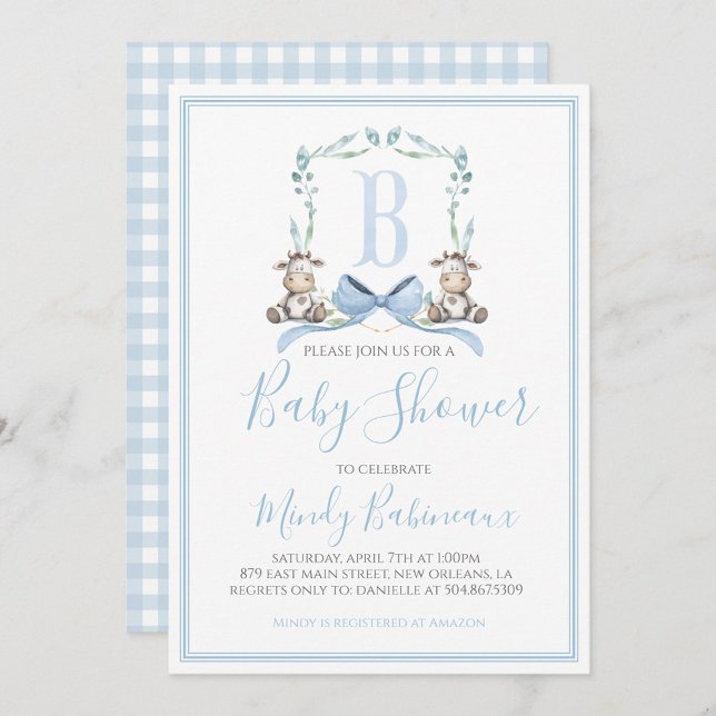 Invitación Baby Shower Preppy Southern Blue Boy Cow (Subido por el creador)