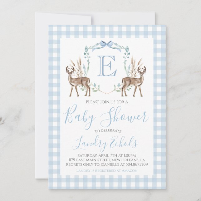 Invitación Baby Shower Preppy Southern Blue Boy Deer Hunter (Anverso)