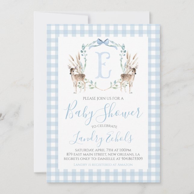 Invitación Baby Shower Preppy Southern Blue Boy Deer Hunter (Anverso)