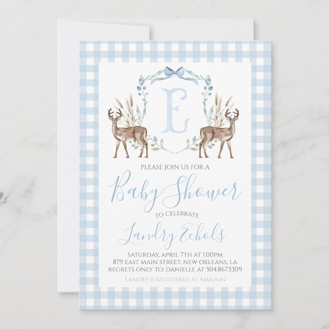 Invitación Baby Shower Preppy Southern Blue Boy Deer Hunter (Subido por el creador)