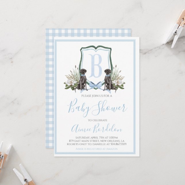 Invitación Baby Shower Preppy Southern Blue Boy Dog (Anverso/Reverso In Situ)