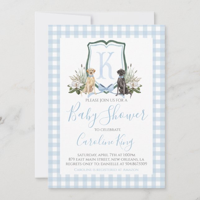 Invitación Baby Shower Preppy Southern Blue Boy Dog (Anverso)