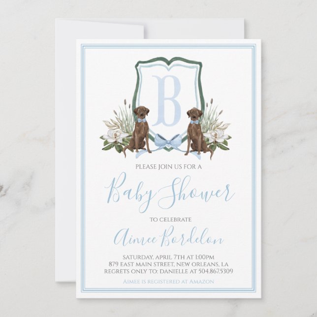 Invitación Baby Shower Preppy Southern Blue Boy Dog (Anverso)