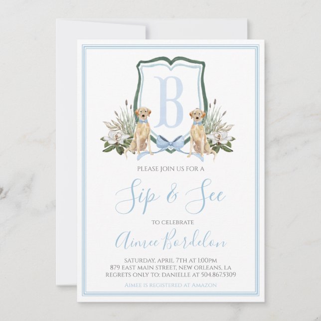 Invitación Baby Shower Preppy Southern Blue Boy Dog (Anverso)