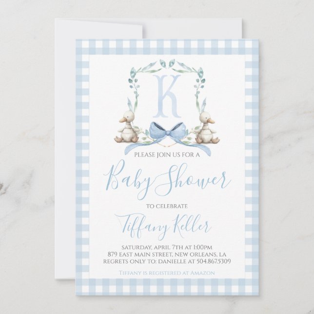 Invitación Baby Shower Preppy Southern Blue Boy Duck (Anverso)