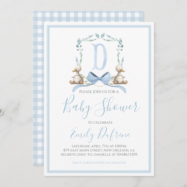 Invitación Baby Shower Preppy Southern Blue Boy Duck (Subido por el creador)