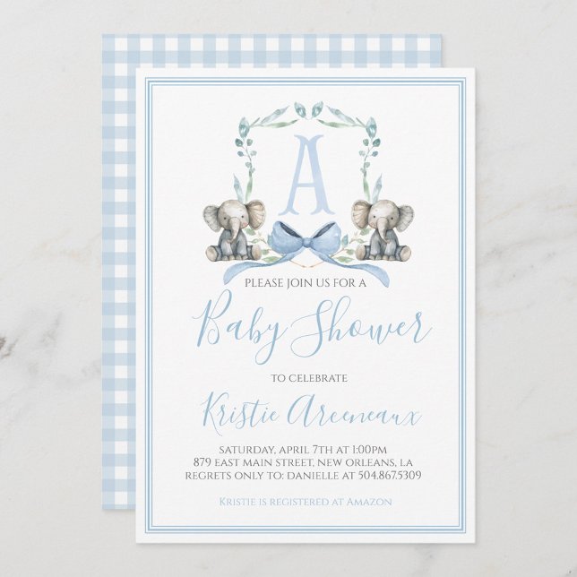 Invitación Baby Shower Preppy Southern Blue Boy Elephant (Subido por el creador)
