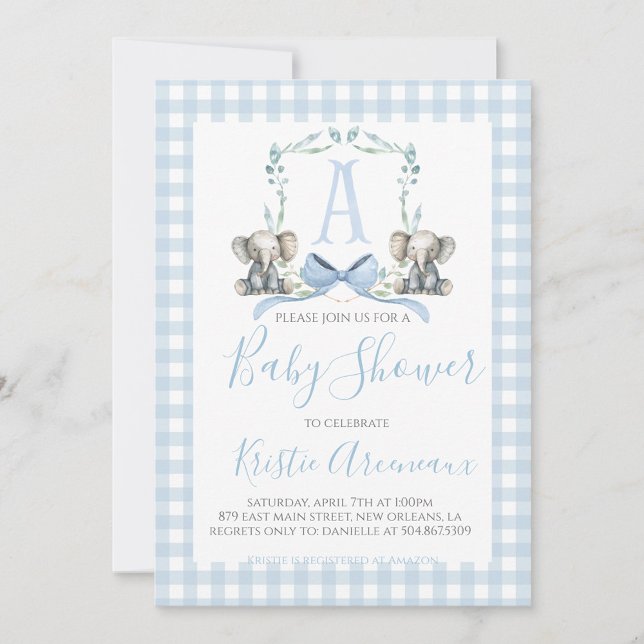 Invitación Baby Shower Preppy Southern Blue Boy Elephant (Subido por el creador)