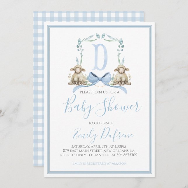 Invitación Baby Shower Preppy Southern Blue Boy Lamb (Subido por el creador)