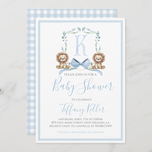 Invitación Baby Shower Preppy Southern Blue Boy Lion (Subido por el creador)