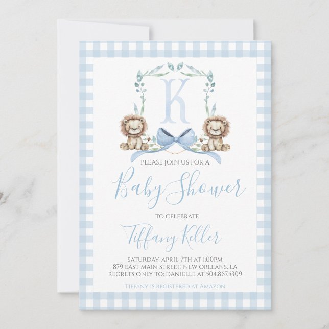 Invitación Baby Shower Preppy Southern Blue Boy Lion (Subido por el creador)