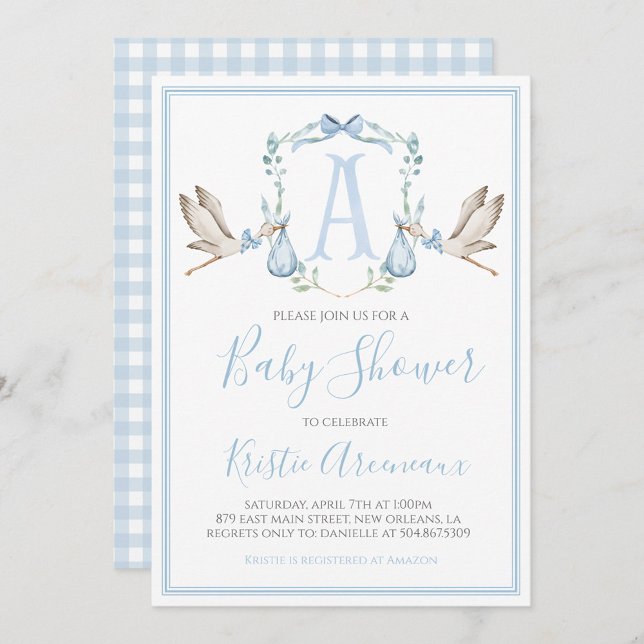 Invitación Baby Shower Preppy Southern Blue Boy Stork (Subido por el creador)
