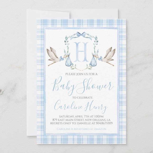 Invitación Baby Shower Preppy Southern Blue Boy Stork (Subido por el creador)