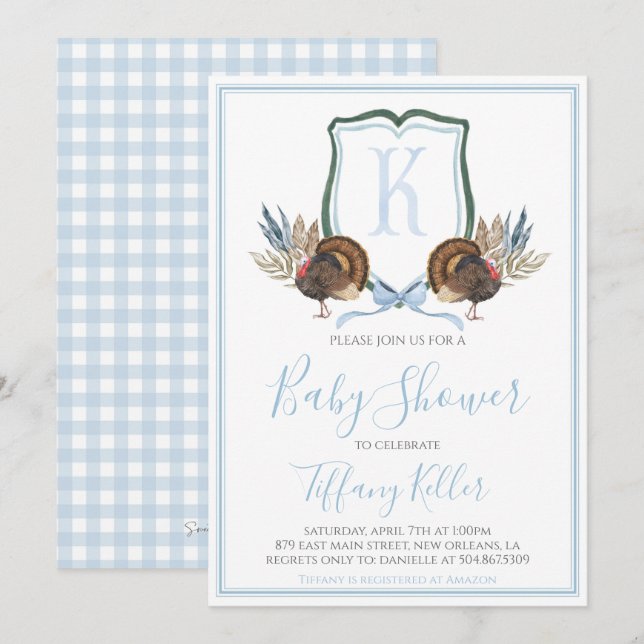 Invitación Baby Shower Preppy Southern Blue Boy Turquía (Anverso / Reverso)
