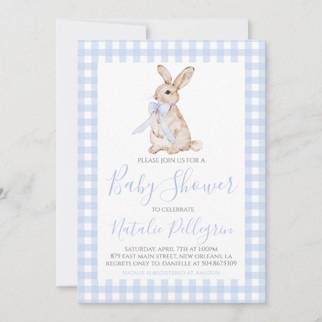 Invitación Baby Shower Preppy Southern Blue Gingham Bunny (Anverso)