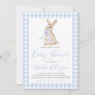 Invitación Baby Shower Preppy Southern Blue Gingham Bunny