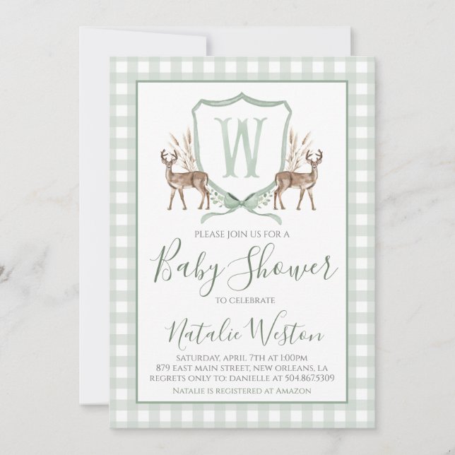 Invitación Baby Shower Preppy Southern Deer Sage Green Boy (Anverso)