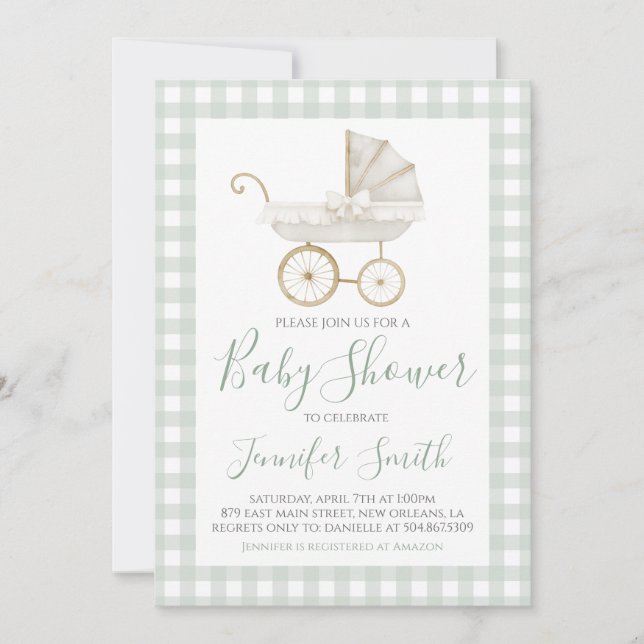 Invitación Baby Shower Preppy Southern Green Boy Carrito (Anverso)