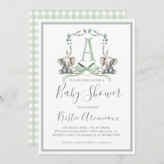 Invitación Baby Shower Preppy Southern Sage Boy Elephant (Anverso / Reverso)
