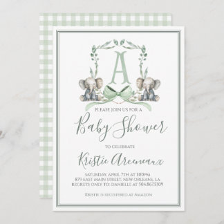 Invitación Baby Shower Preppy Southern Sage Boy Elephant