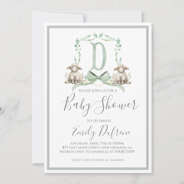 Invitación Baby Shower Preppy Southern Sage Boy Lamb (Anverso)