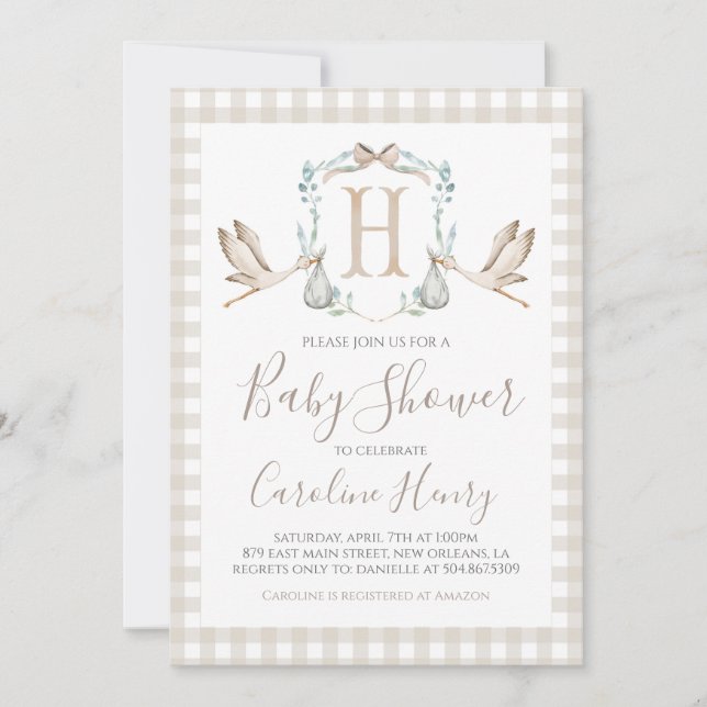 Invitación Baby Shower Preppy Southern Tan Stork (Anverso)