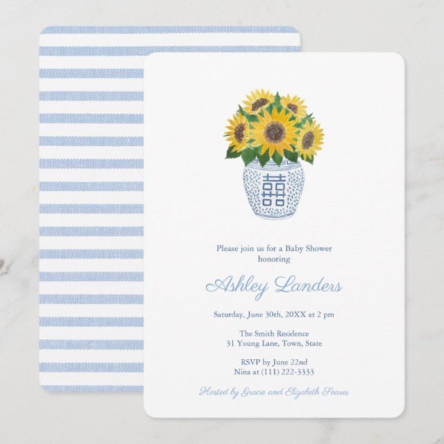 Invitación Baby Shower Preppy Sunflowers Blue And White Vase (Anverso / Reverso)